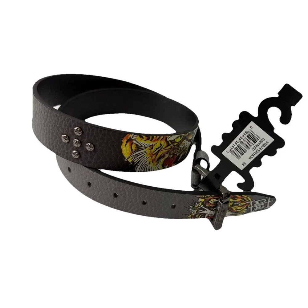 Ed Hardy Graphic Tiger Tattoo Style Design Gray Belt VB97510EHQA Size 38 NWT.